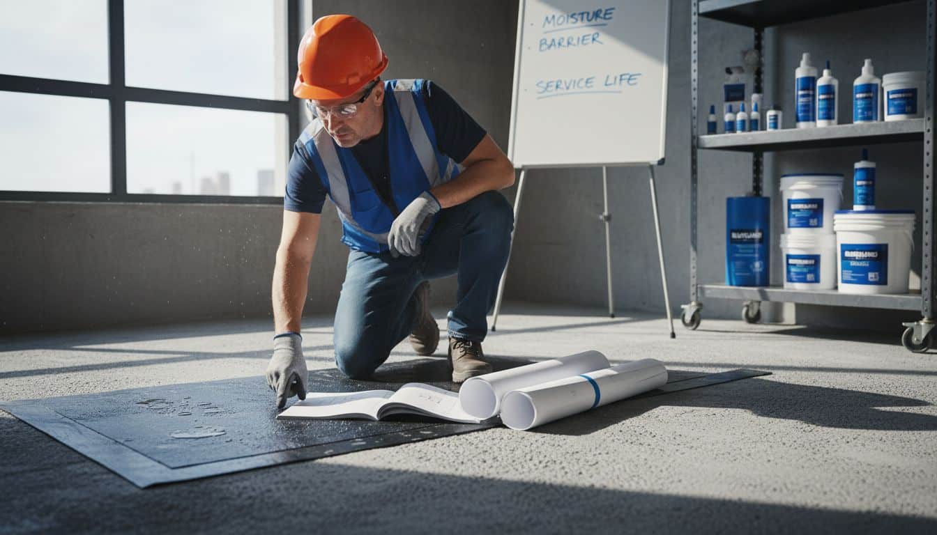 Expert inspecting waterproofed concrete foundation