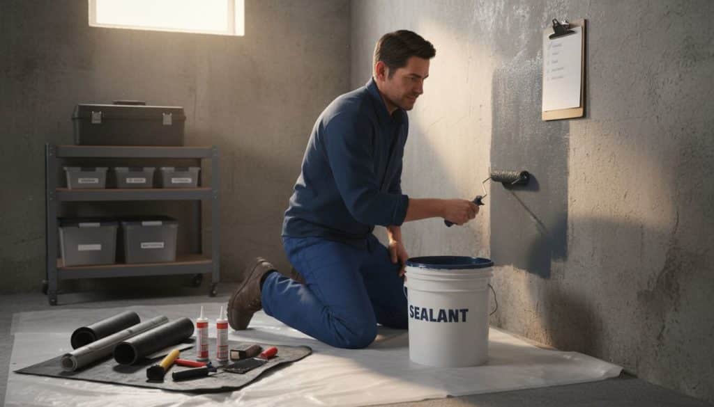 Homeowner waterproofing basement foundation wall