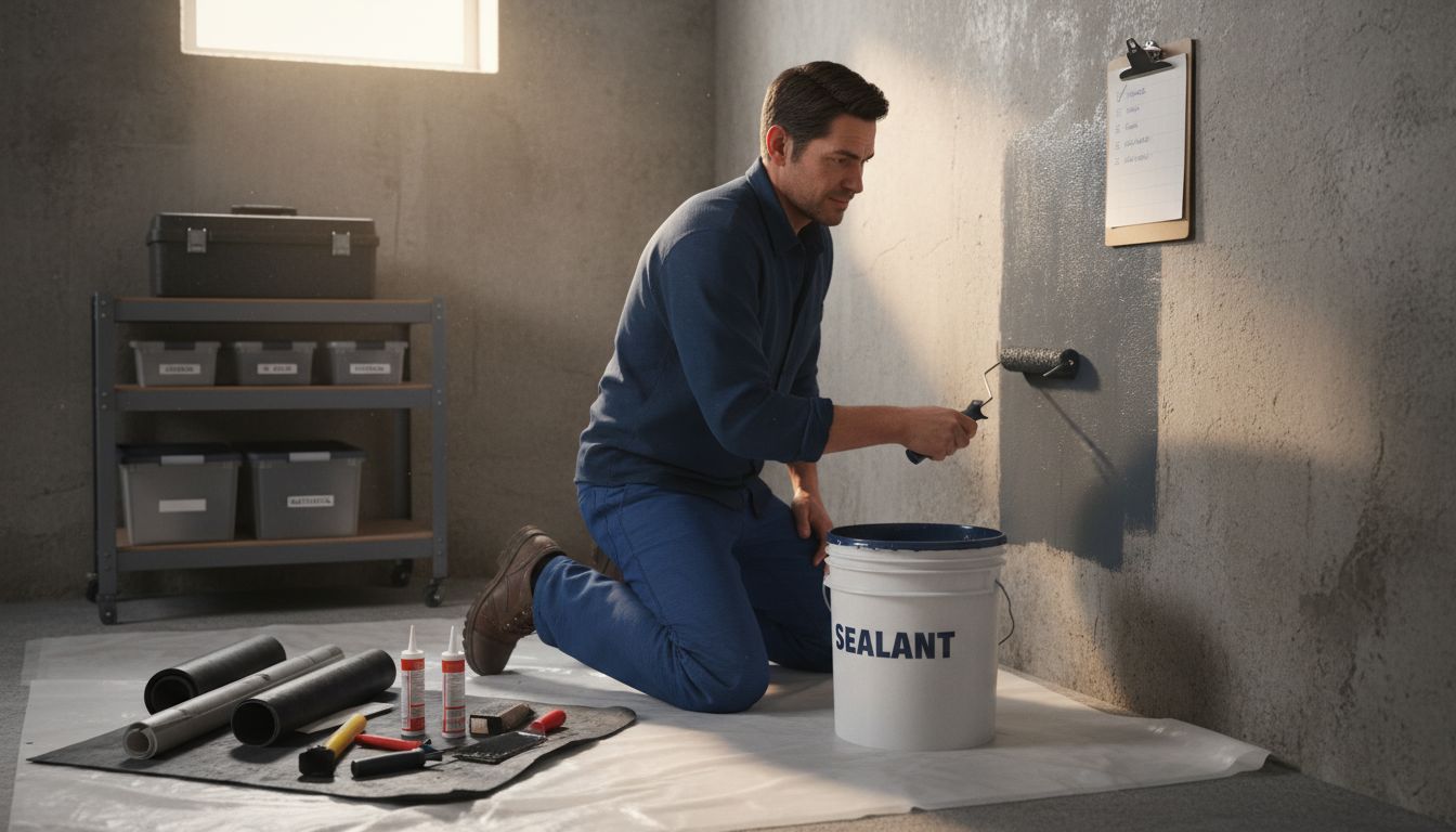 Homeowner waterproofing basement foundation wall