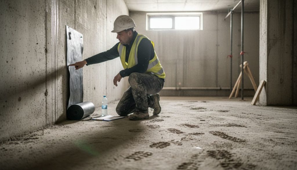 Supervisor inspects waterproofing membrane installation