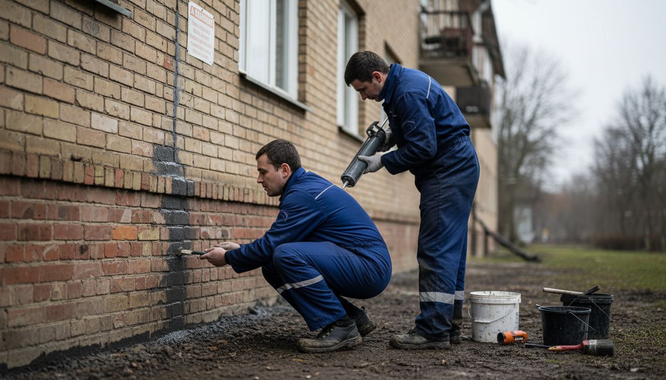 Technicians applying waterproofing to building exterior