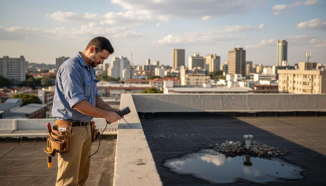 Inspector examining roof for waterproofing issues