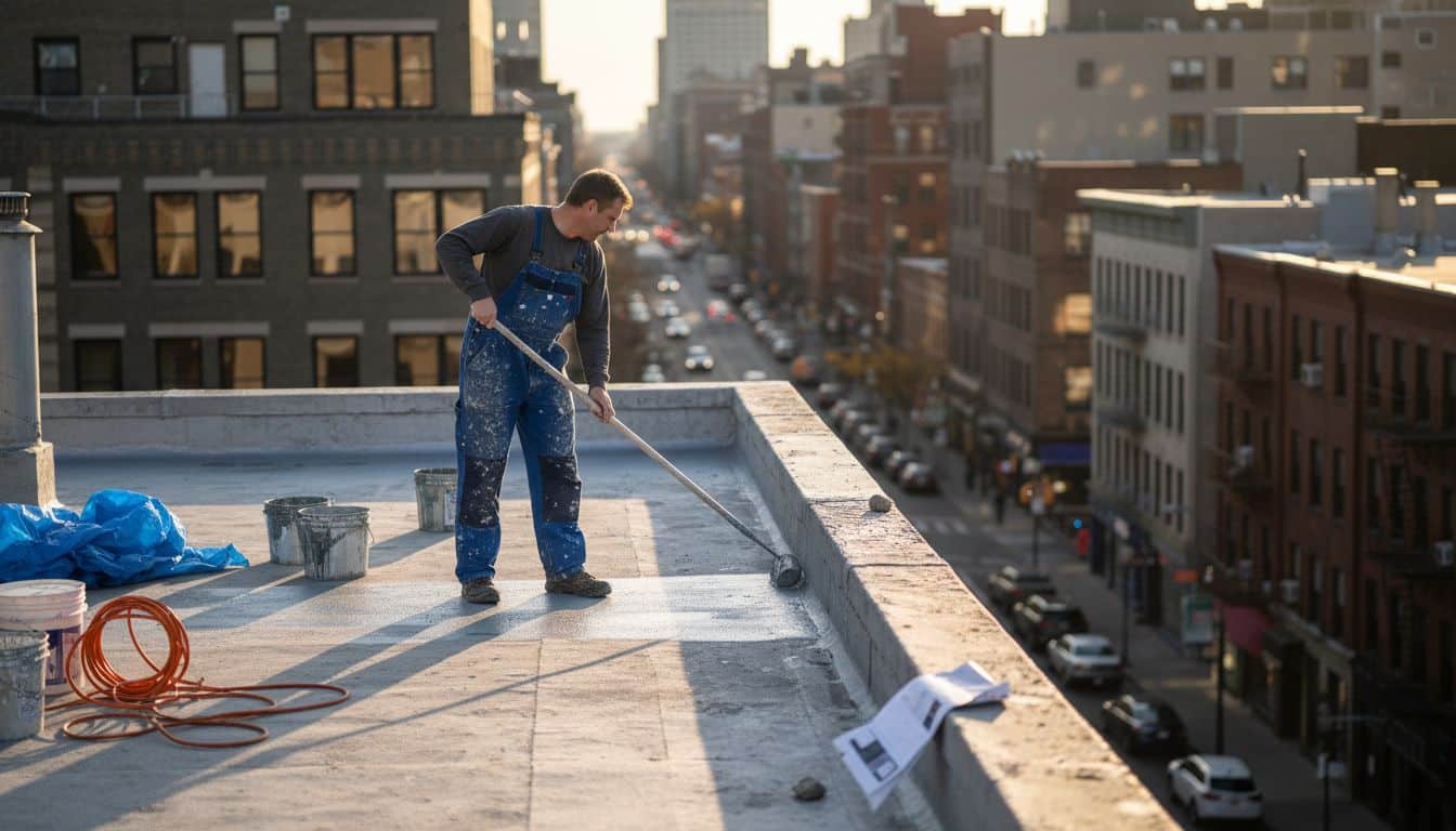 Worker applying waterproofing on city rooftop