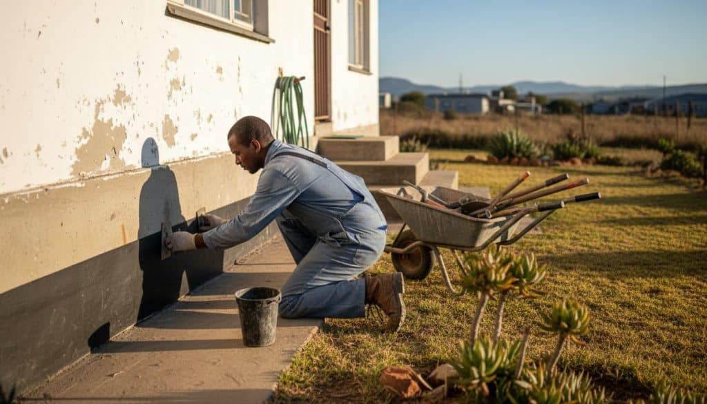 Worker applying waterproofing to basement wall