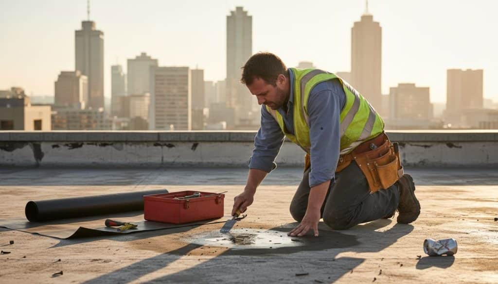Contractor inspecting roof for waterproofing