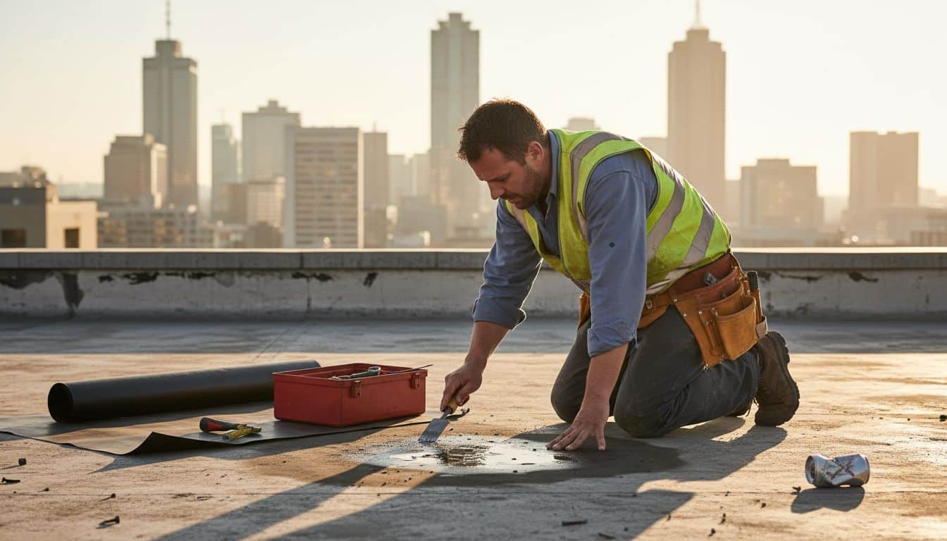 Contractor inspecting roof for waterproofing
