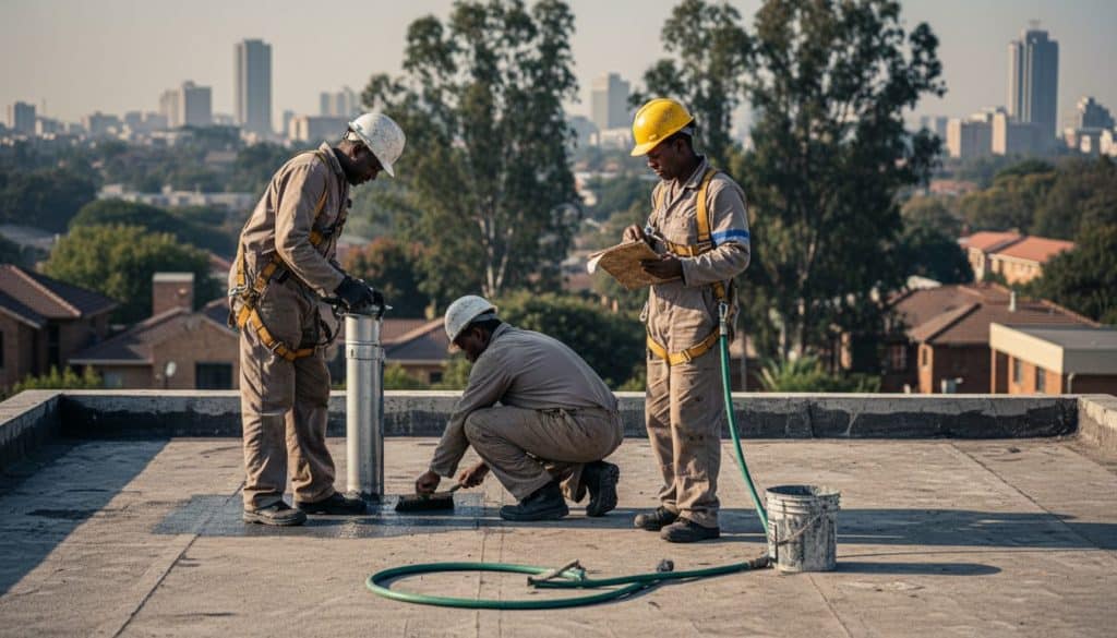 Contractors waterproofing a South African rooftop