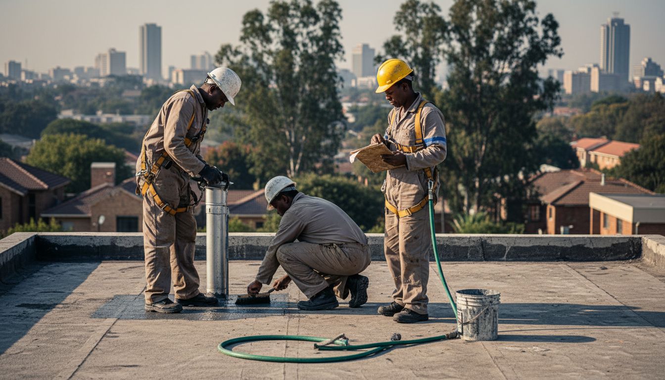 Contractors waterproofing a South African rooftop