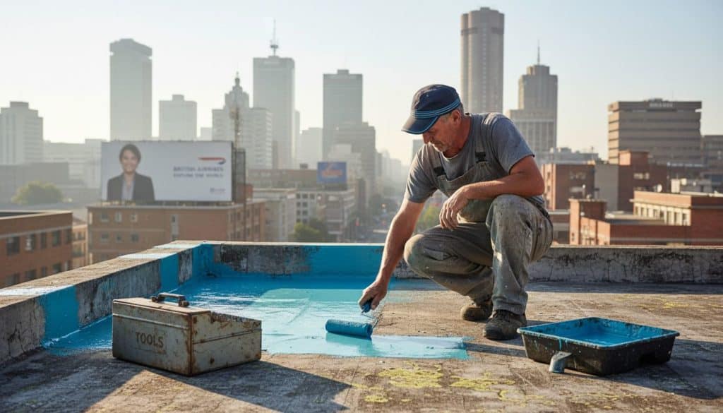 Contractor applies waterproofing to South African rooftop