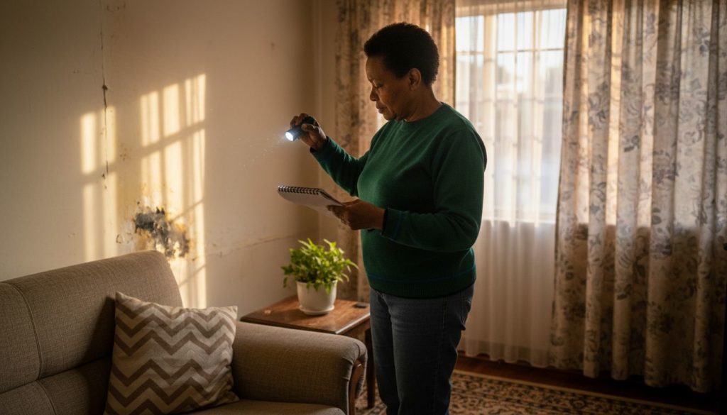 Homeowner inspecting damp damage on living room wall