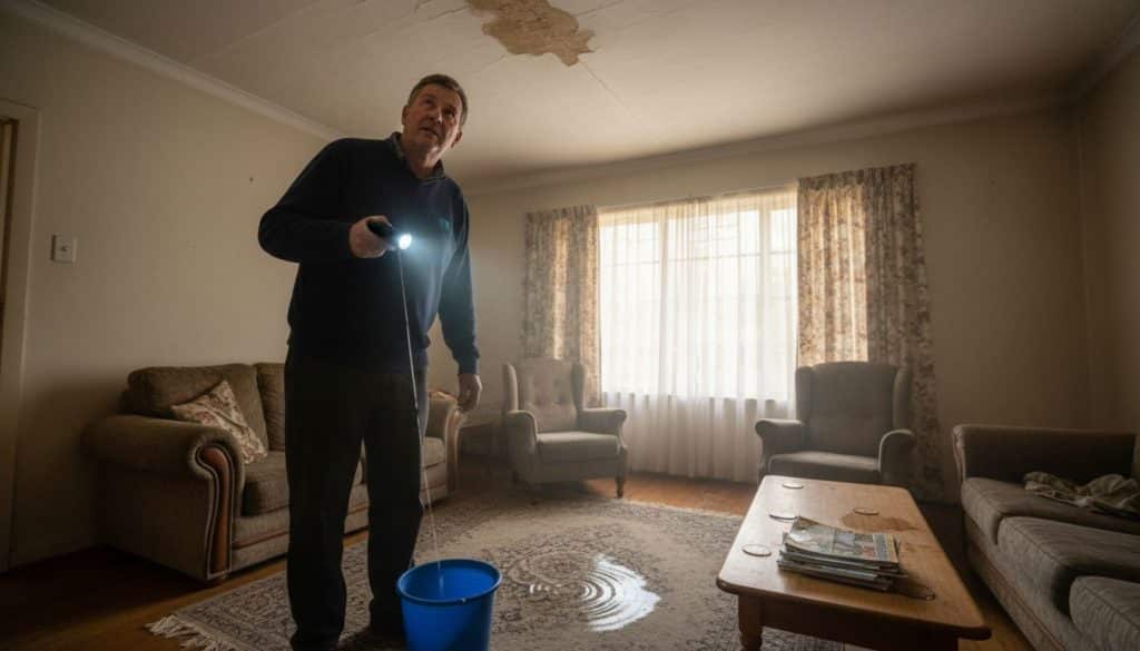 Concerned owner inspects water stain on ceiling