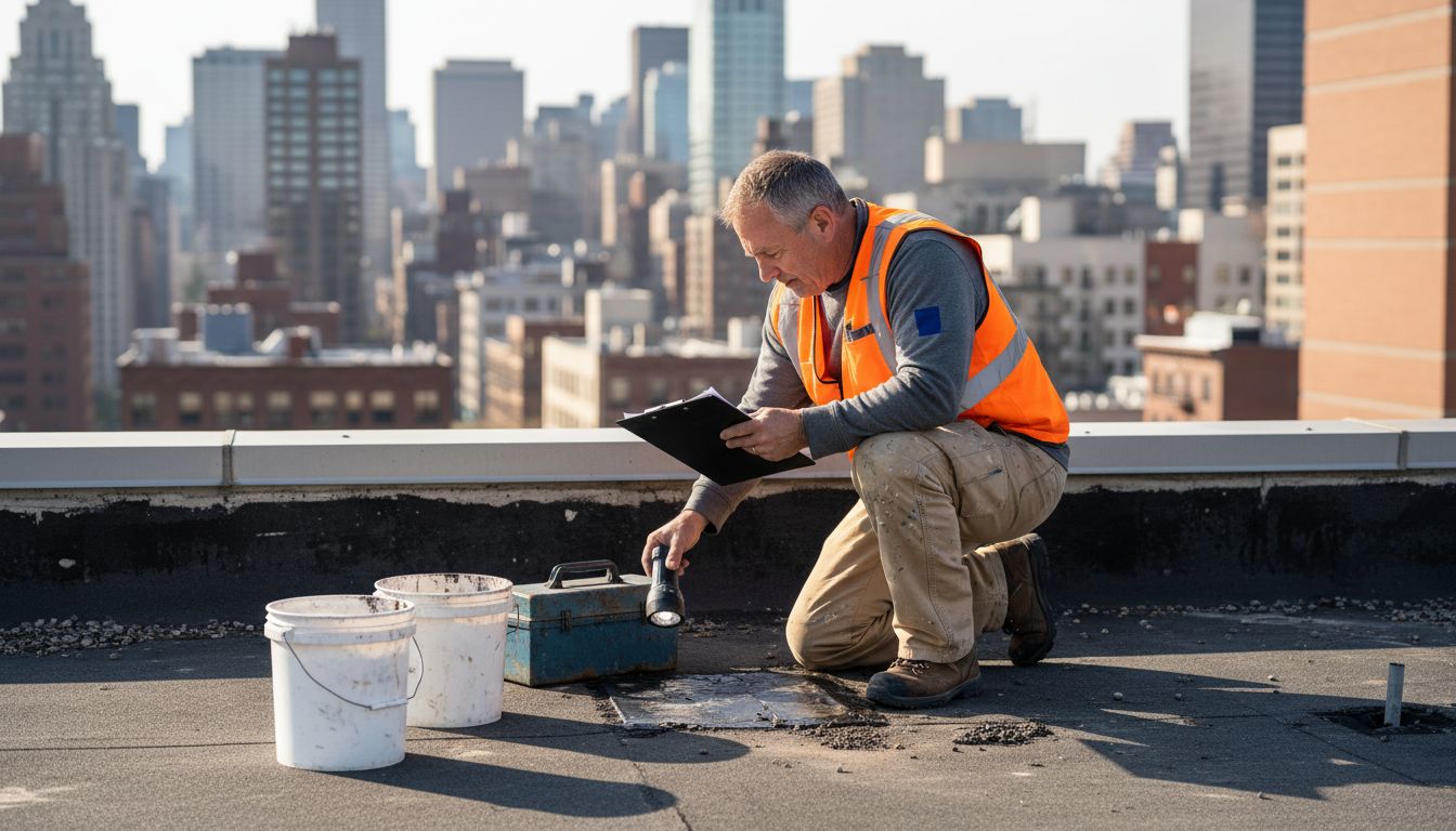 Building worker inspecting rooftop waterproofing