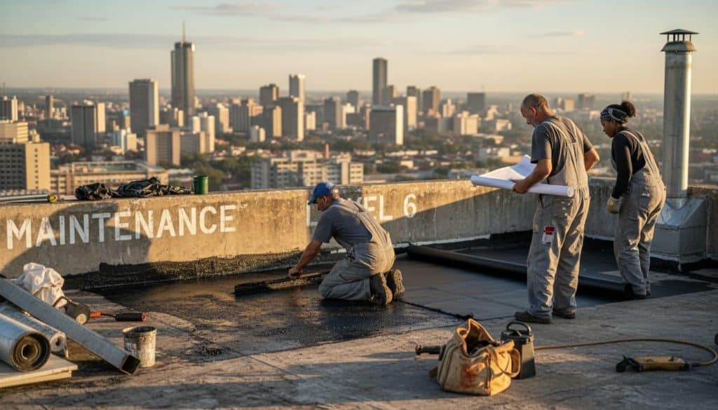 Workers waterproofing rooftop of Johannesburg commercial building