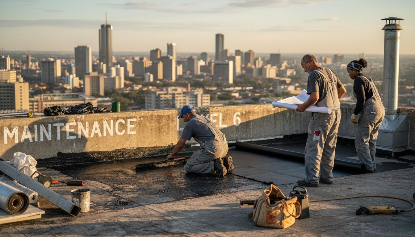 Workers waterproofing rooftop of Johannesburg commercial building