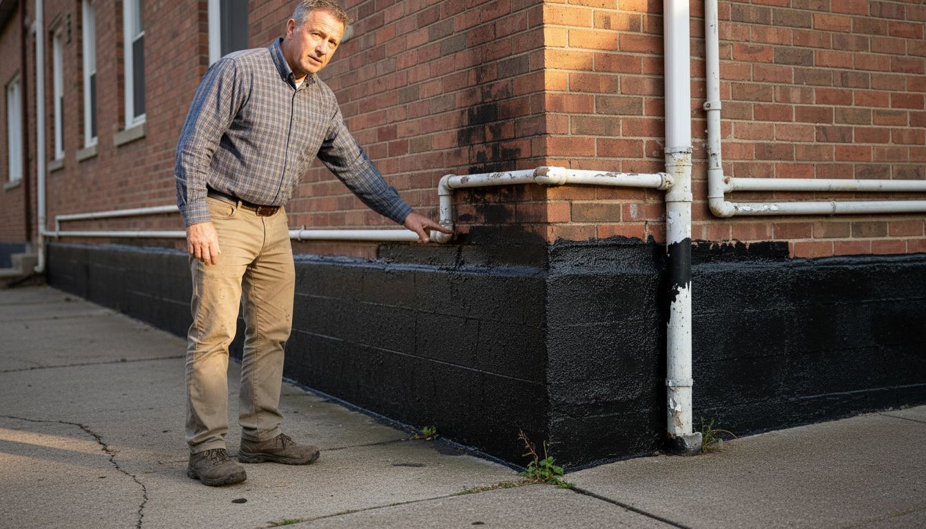 Property manager inspects waterproofed building base