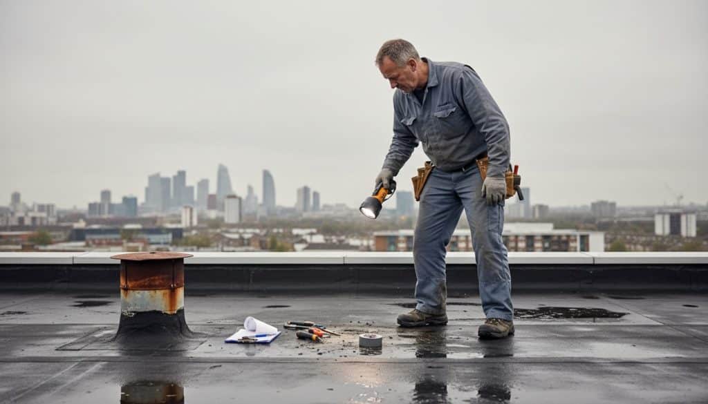 Worker inspects rooftop for waterproofing issues