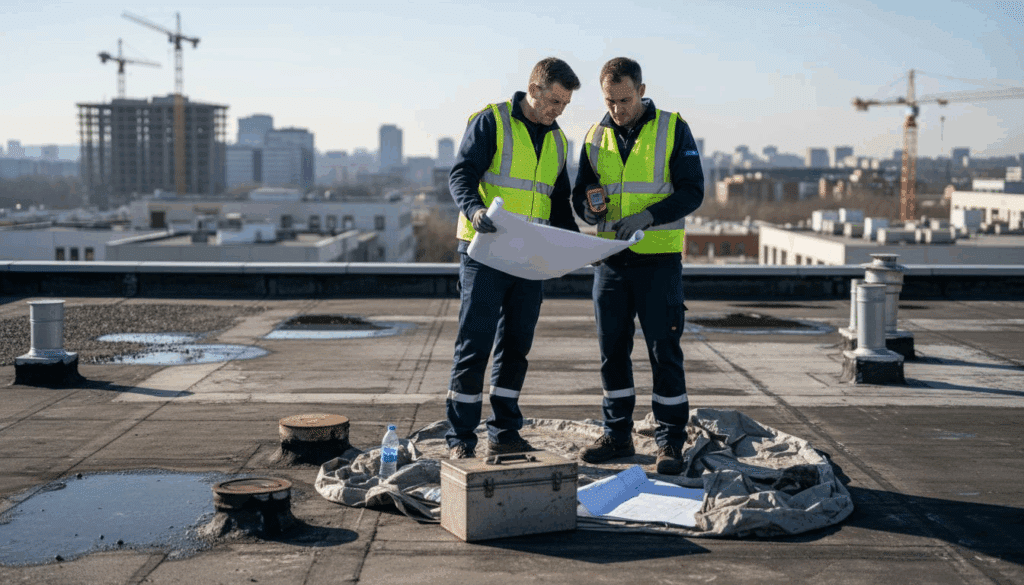 Inspectors assess commercial rooftop waterproofing