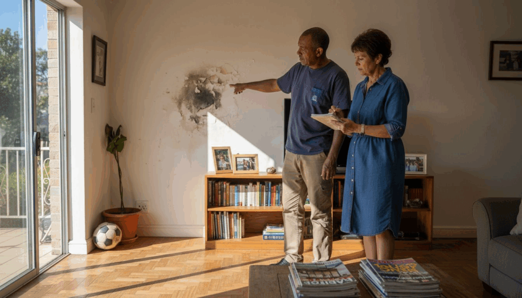 Couple inspecting damp patch on living room wall