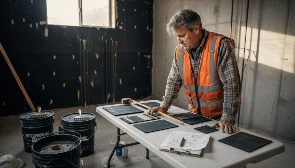 Construction manager reviews waterproofing materials selection