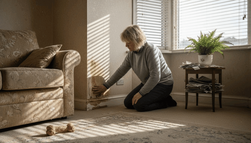 Homeowner inspecting damp patch near window