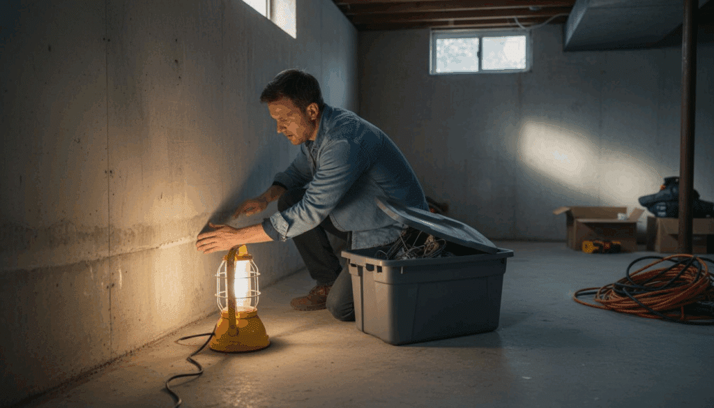Homeowner inspecting basement wall for leaks