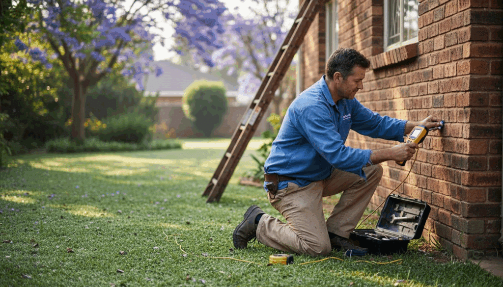 Waterproofing specialist inspecting home foundation