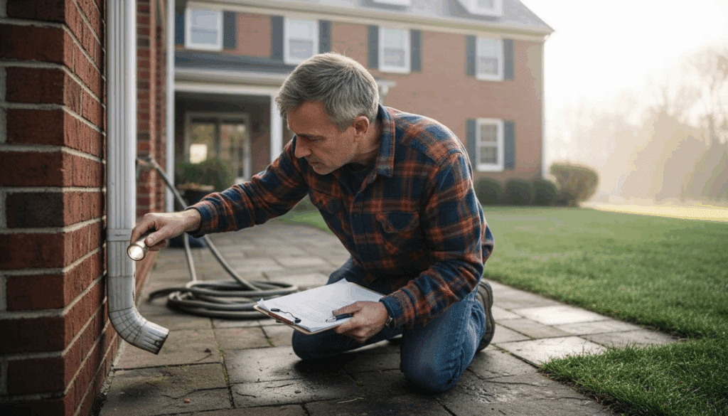 Homeowner inspecting house foundation for leaks