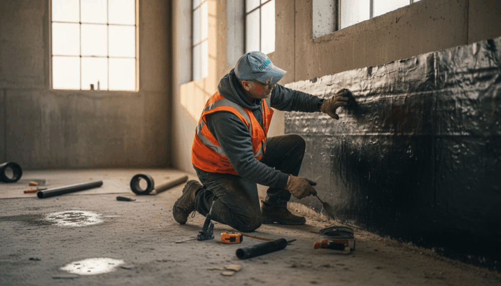 Contractor inspecting basement waterproofing layers