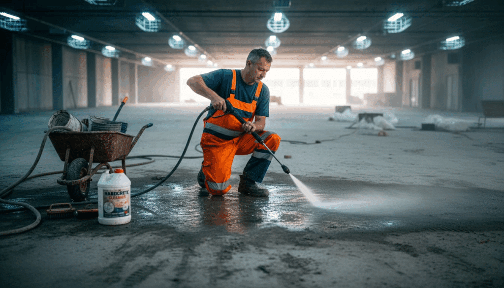 Worker cleaning concrete with pressure washer