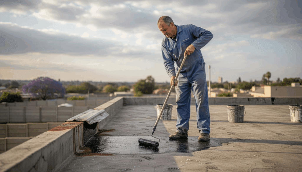Contractor applying waterproofing on flat Gauteng roof