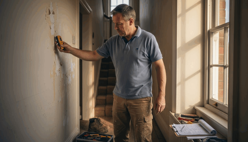 Inspector checking water damage in home