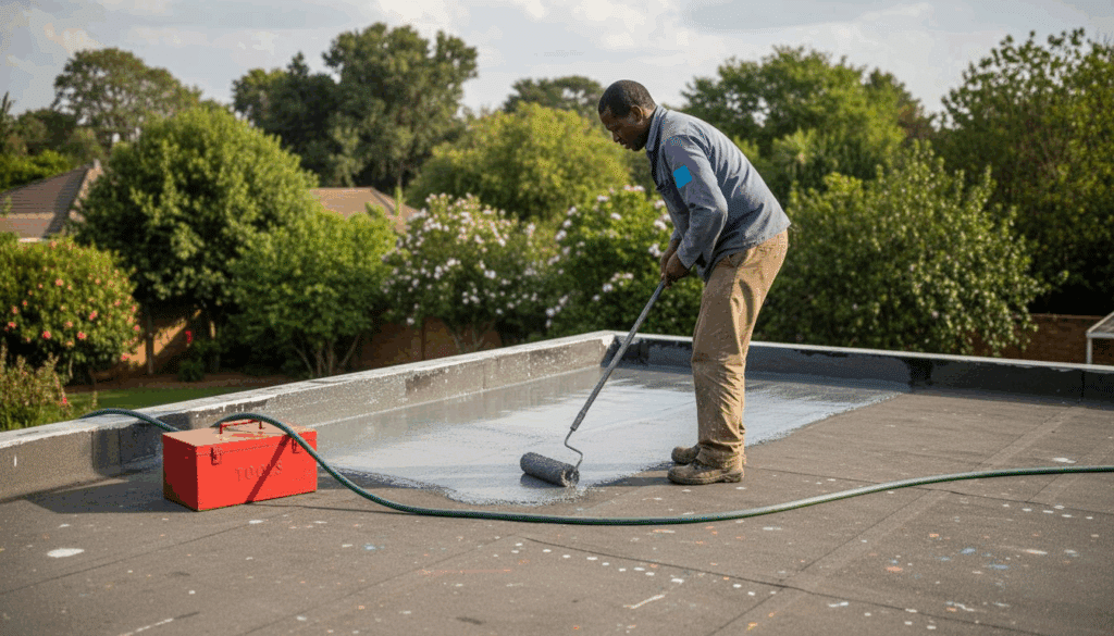 Contractor applying liquid waterproofing on house roof