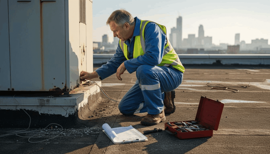 Worker inspecting rooftop waterproofing for damage