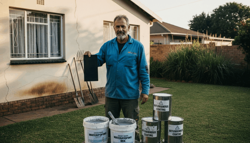 Contractor with waterproofing materials at home