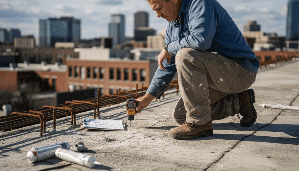 Foreman checks rooftop before waterproofing