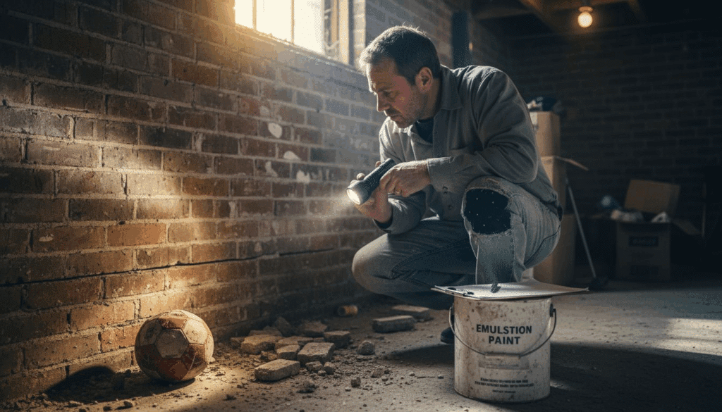 Person inspecting basement wall for waterproofing
