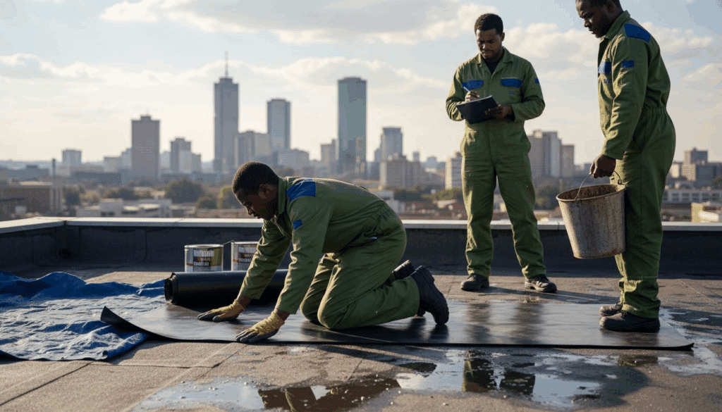 Waterproofing team working on city rooftop