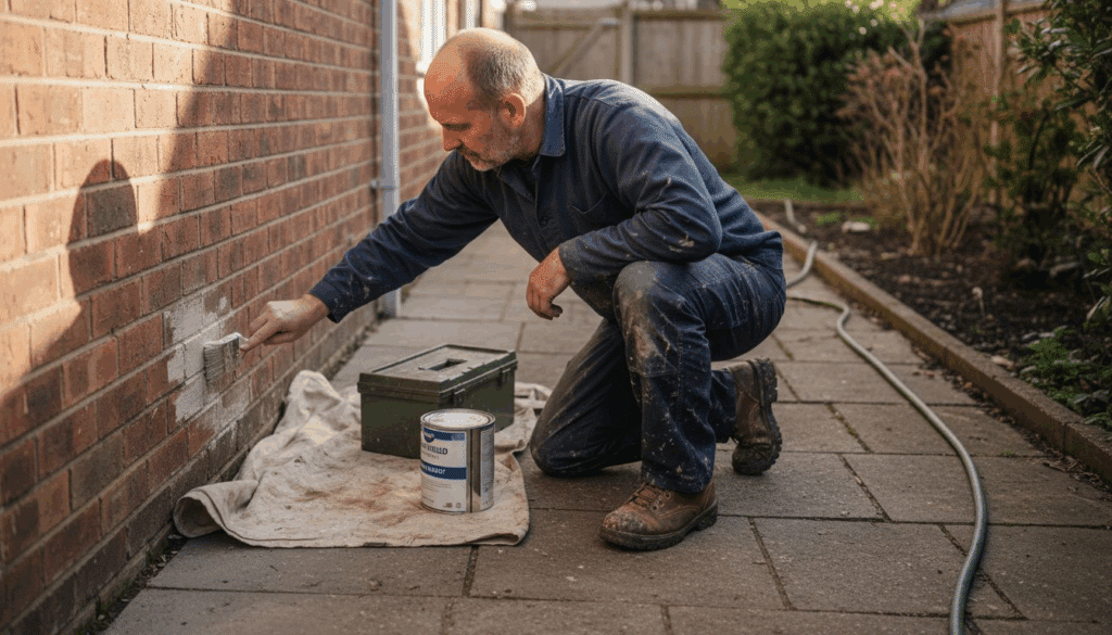 Homeowner sealing exterior wall for waterproofing