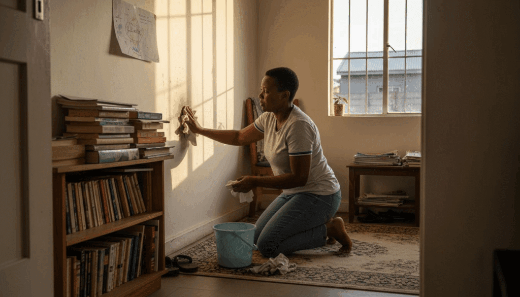 Homeowner inspecting damp indoor wall