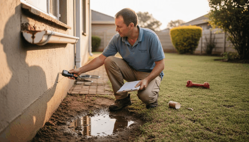 Contractor inspecting home foundation for waterproofing