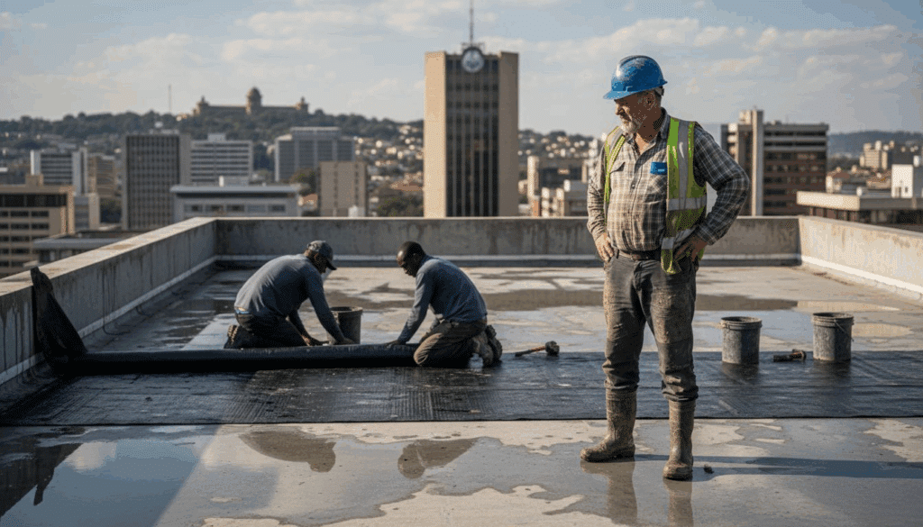 Supervisor overseeing rooftop waterproofing in Gauteng