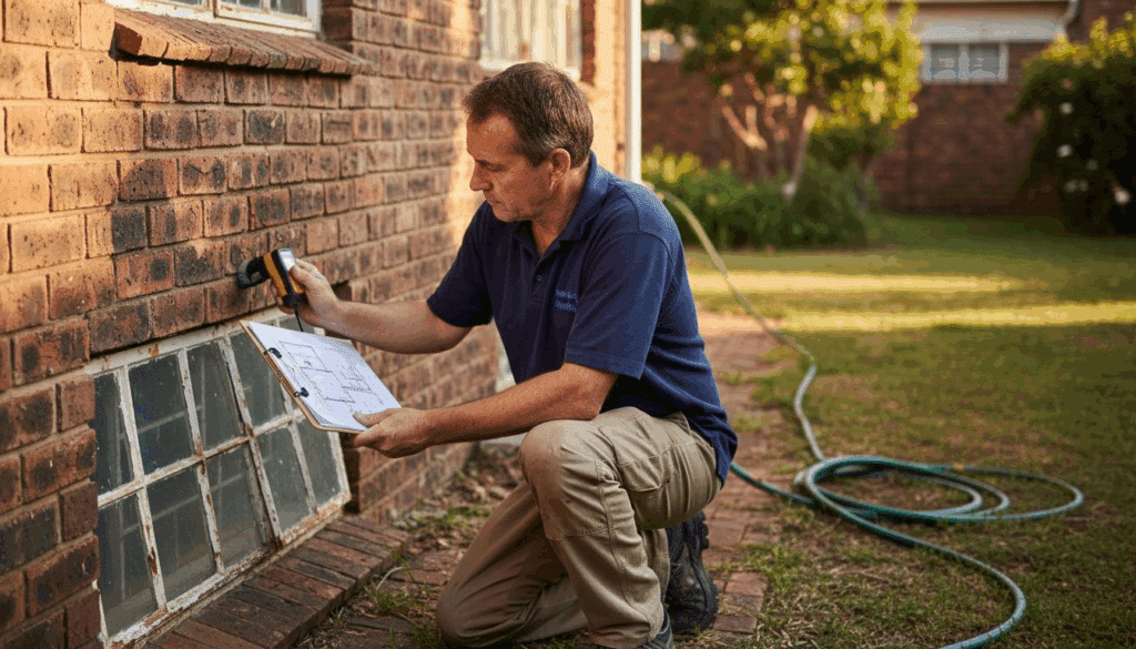Contractor inspecting waterproofing problem area