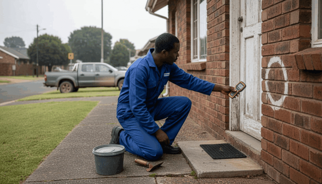 Contractor inspecting waterproofing on South African home