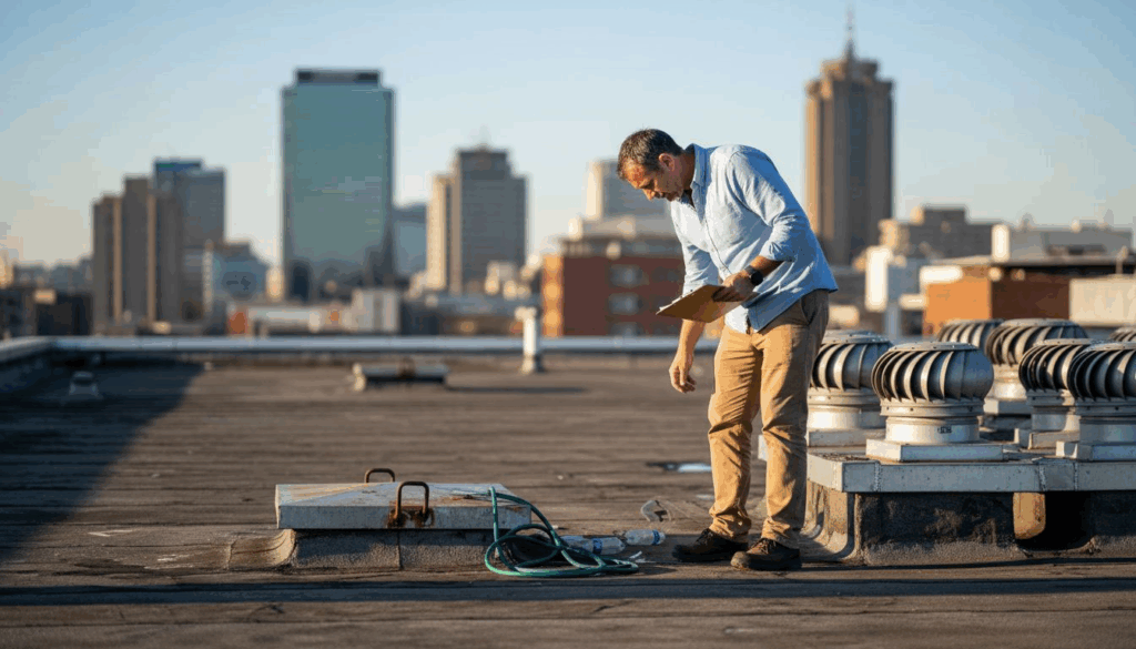 Property manager inspecting commercial rooftop