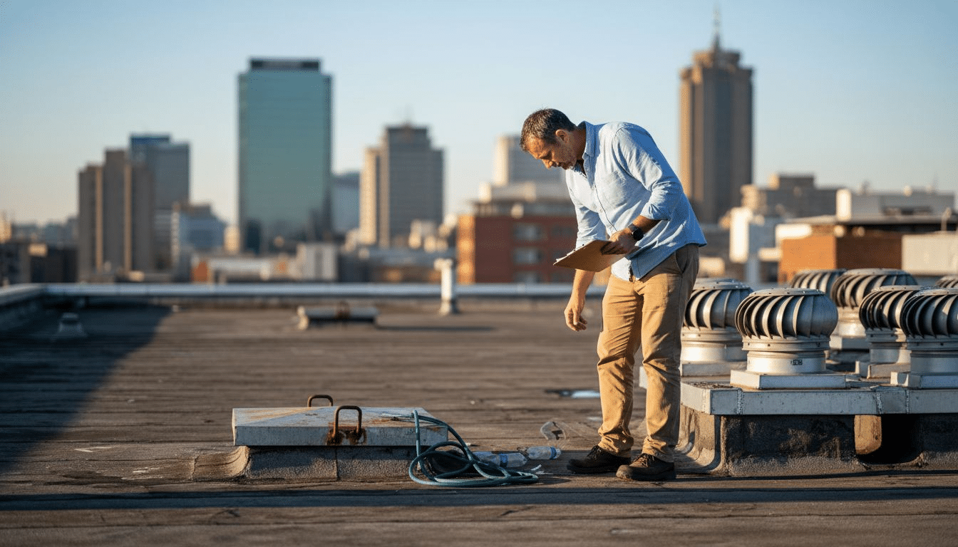 Property manager inspecting commercial rooftop