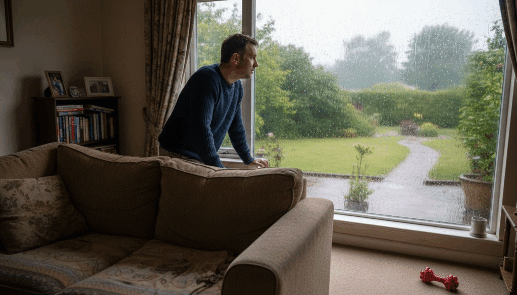 Homeowner watches rain through window