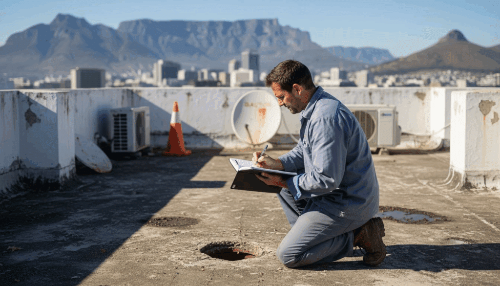 Property manager inspecting rooftop waterproofing