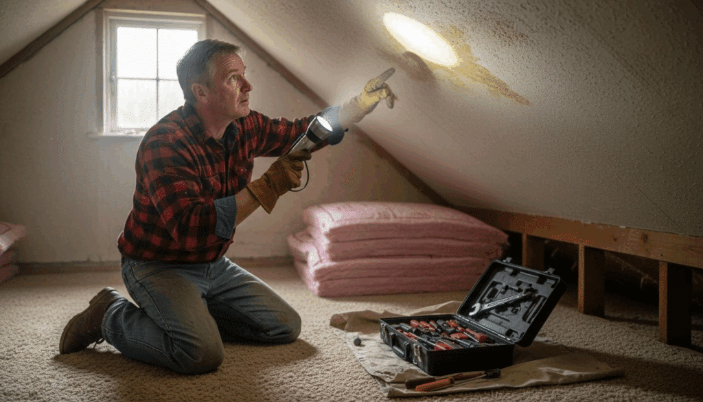 Homeowner inspecting attic ceiling for leaks
