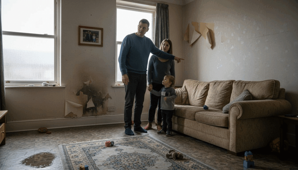 Family inspecting damp wall damage together