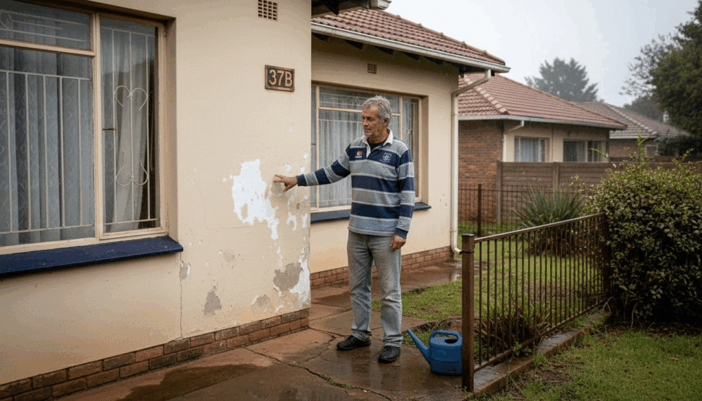 Homeowner inspects water damage on house